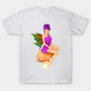 Smiling fairy faerie elf in pink sitting on toadstool, with purple hair - I believe in fairies T-Shirt